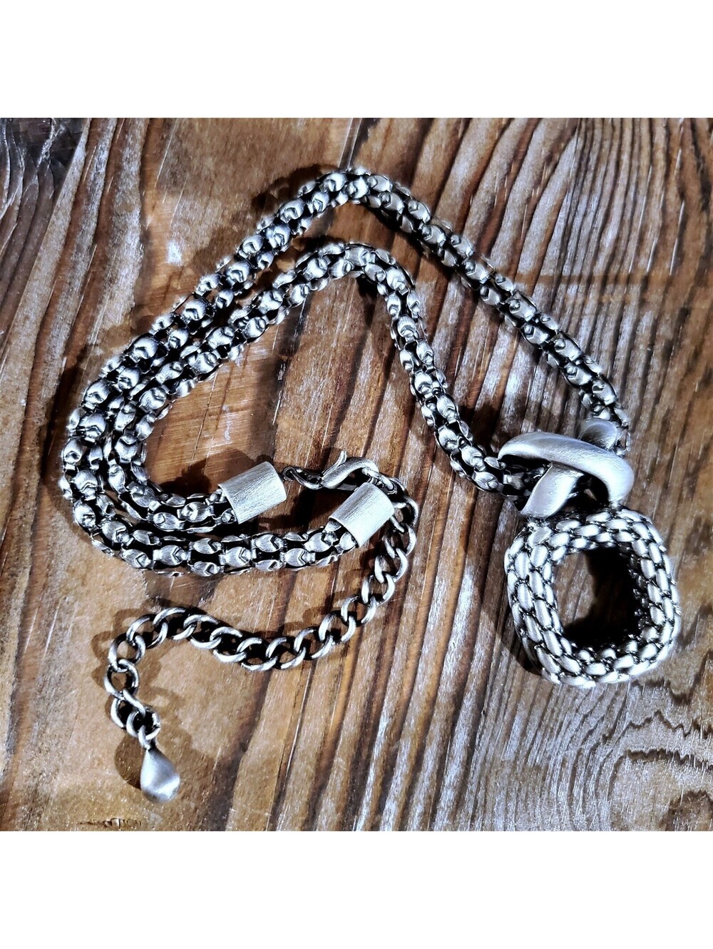 Bold Modernist Antique Silver Braided Criss Cross Square Pendant Necklace - Picture 6 of 7